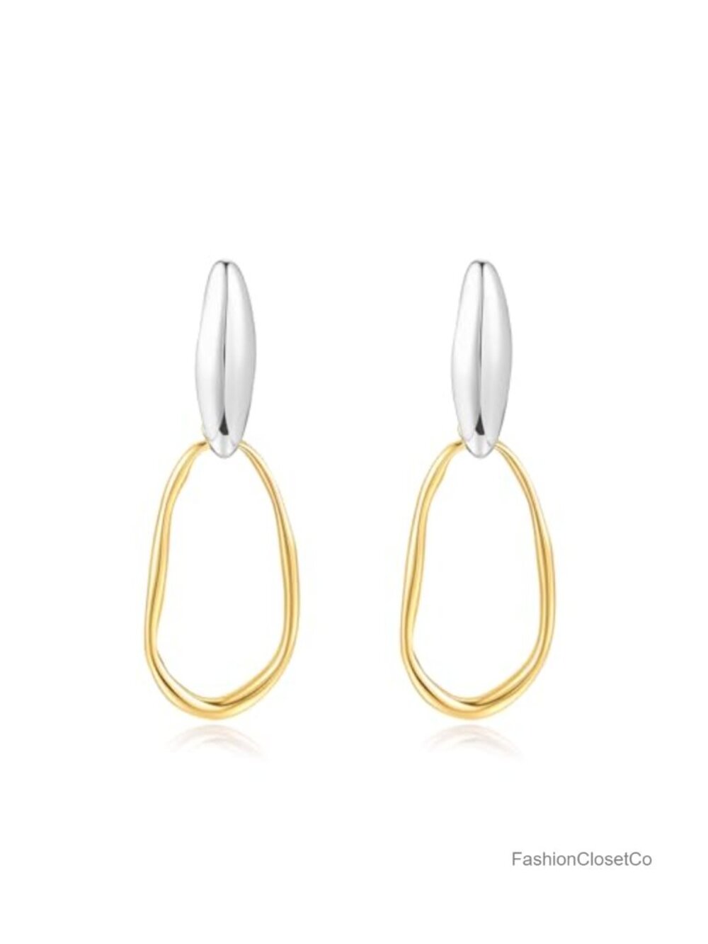 Two Tone Oval Hoop Earrings 18K Gold Sterling Silver Plated Dangle Statement